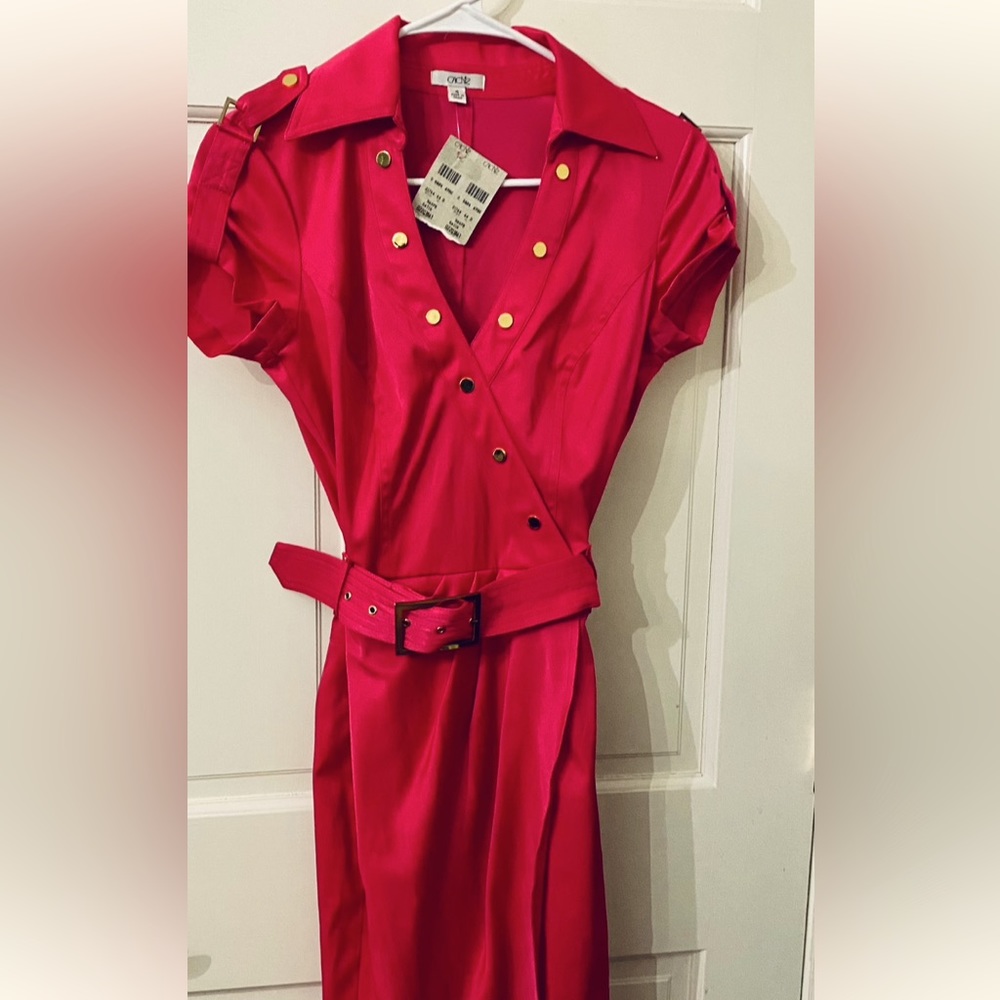 Cache Vintage Pink Mini  sateen dress  gold accent belt brand new size 4